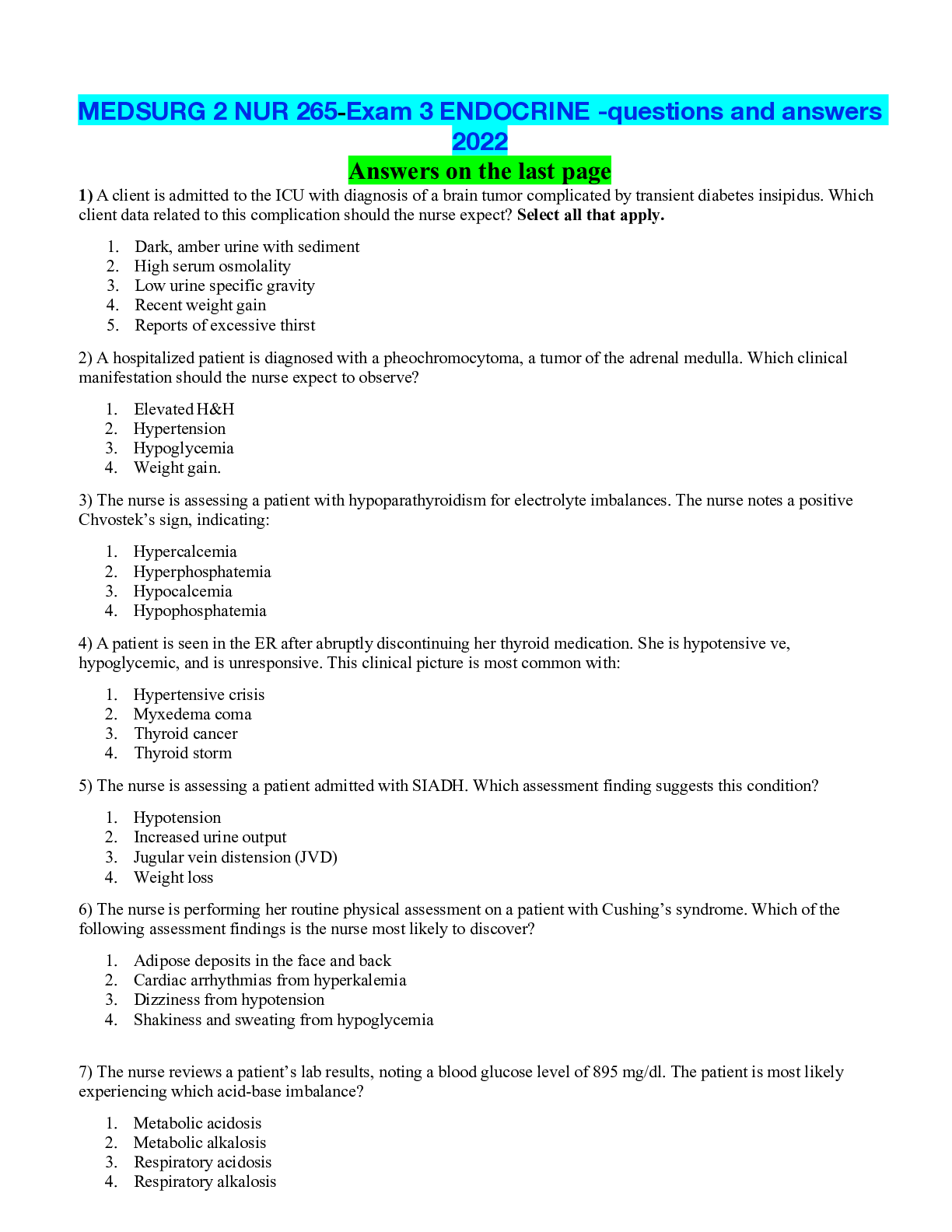 Preview of MEDSURG 2 NUR 265-Exam 3 END>INE -questions and answers 2022